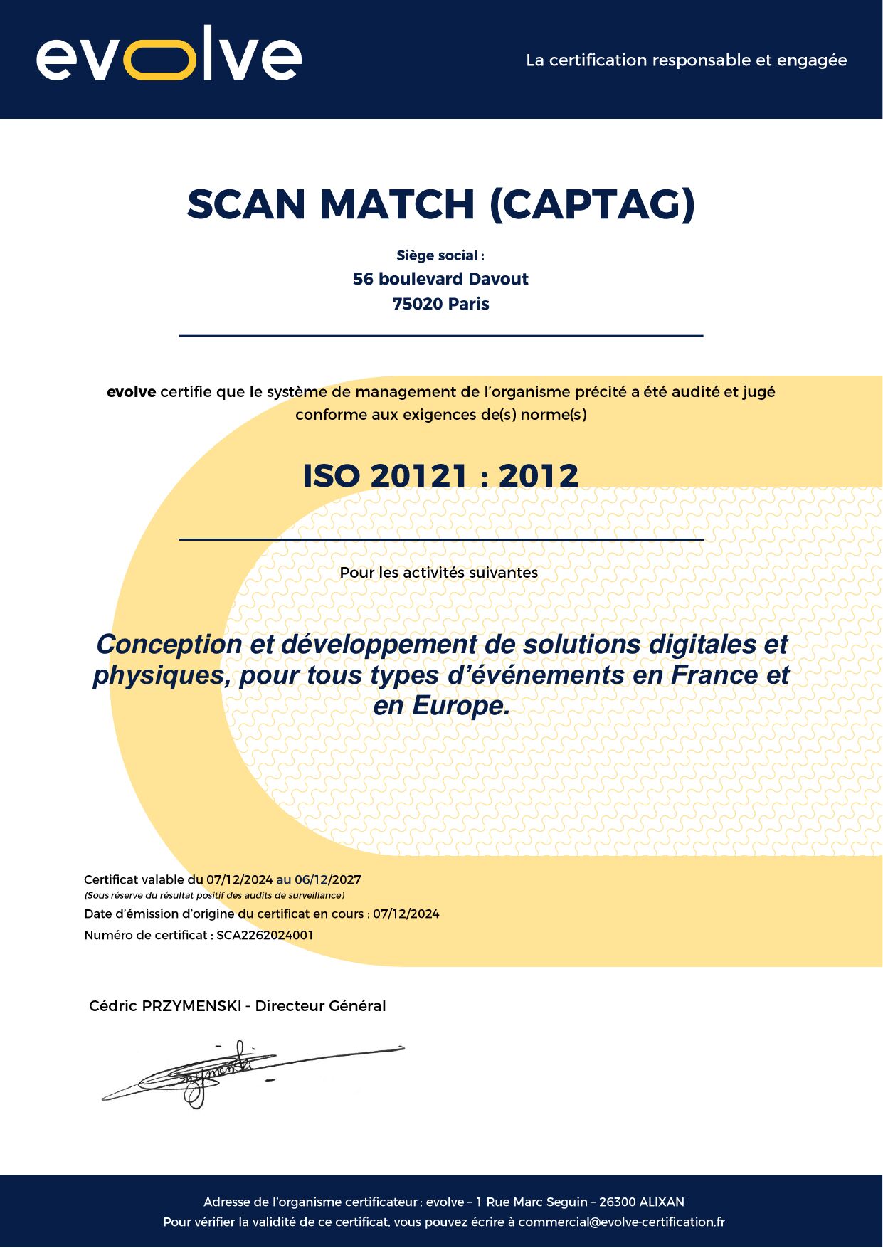 Certificat ISO 20121 - Engagement RSE Captag